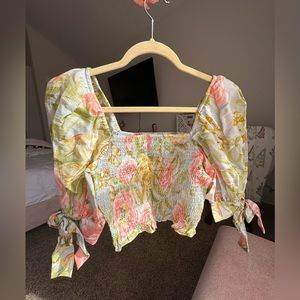 EXPRESS Floral Square Neck Smocked Top with Puff Tie Sleeves NWT